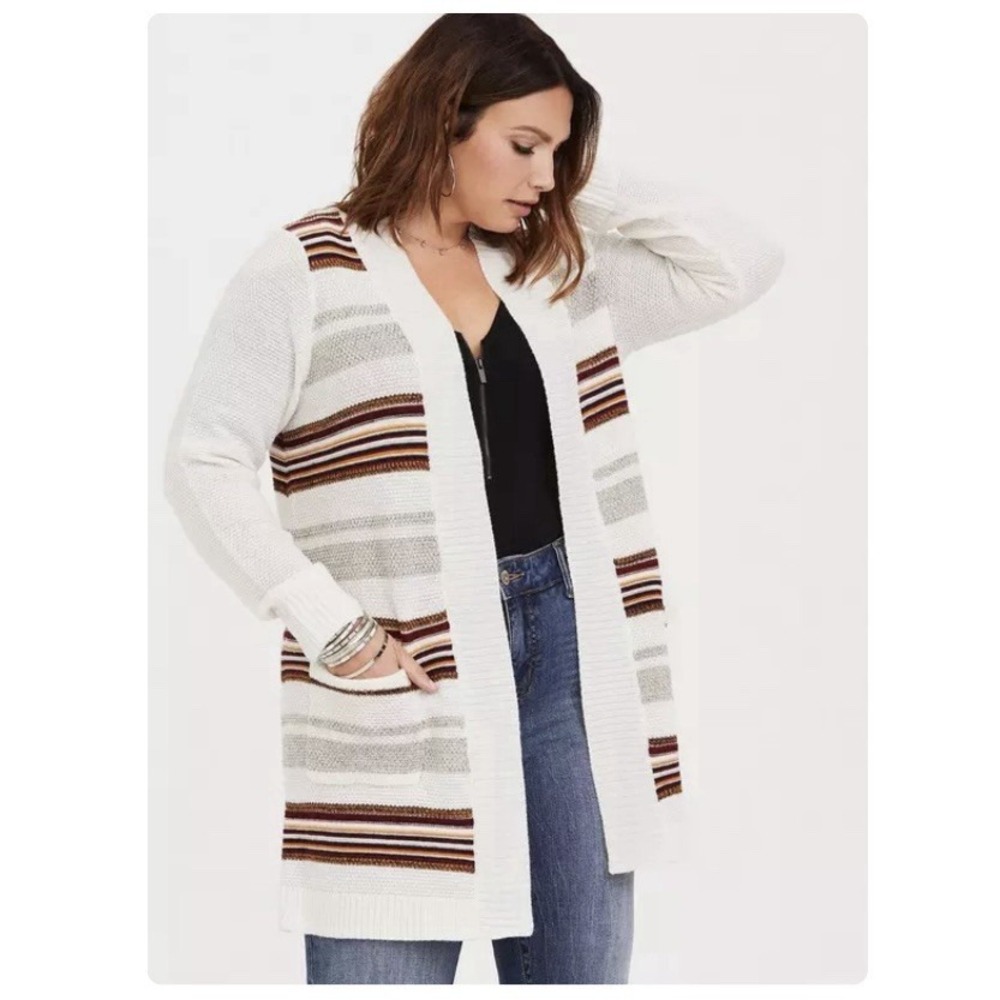 Torrid Ivory Colorful Stripes Shawl Knit Open Front Cardigan Sweater Size 2X